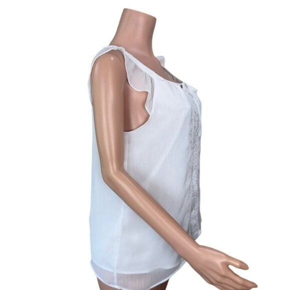ELLE Women SZ L White Sleeveless Blouse Pleated Front-Tie Neck- Lined-Casual - Picture 11 of 14